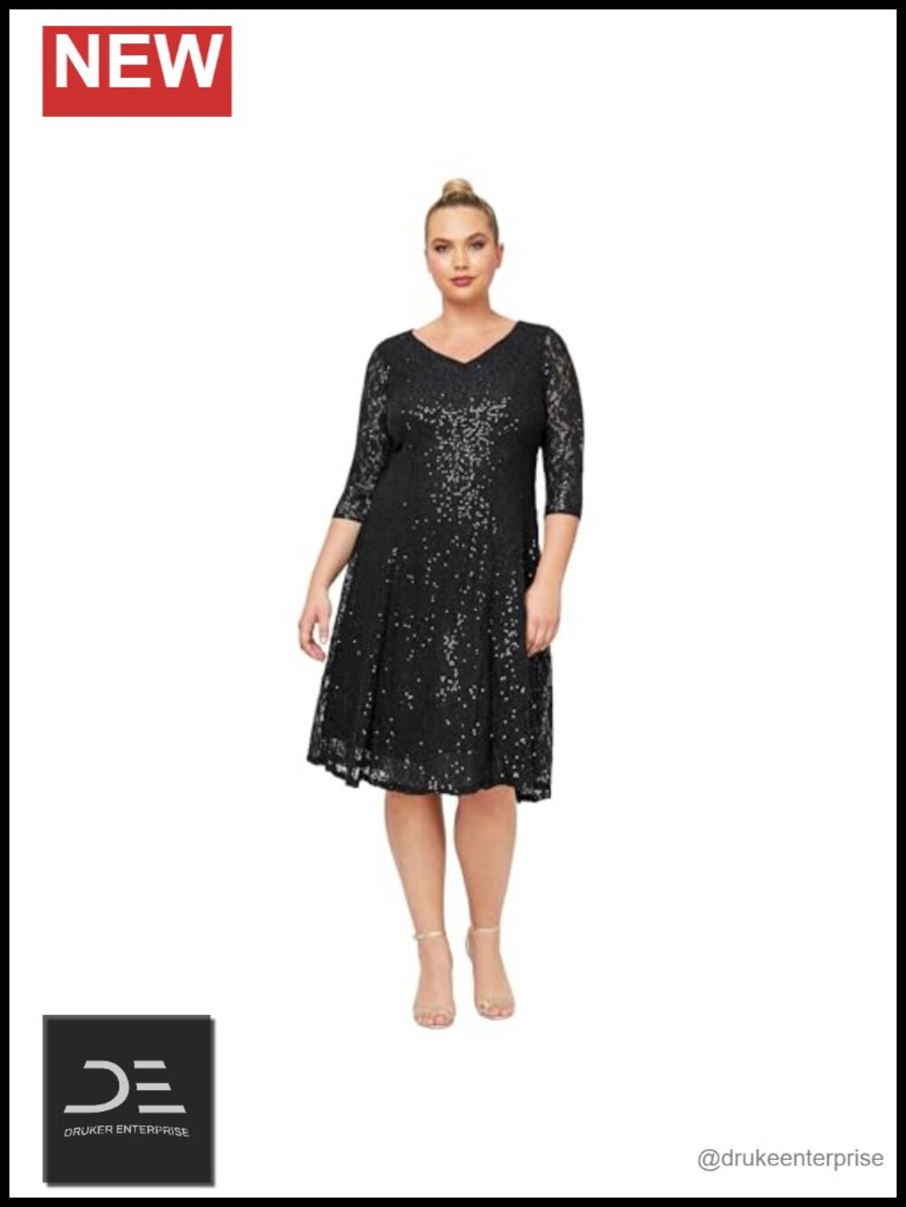 Plus Size Sequin Lace Fit and Flare Dress Sheer Three-Quarter Sleeves